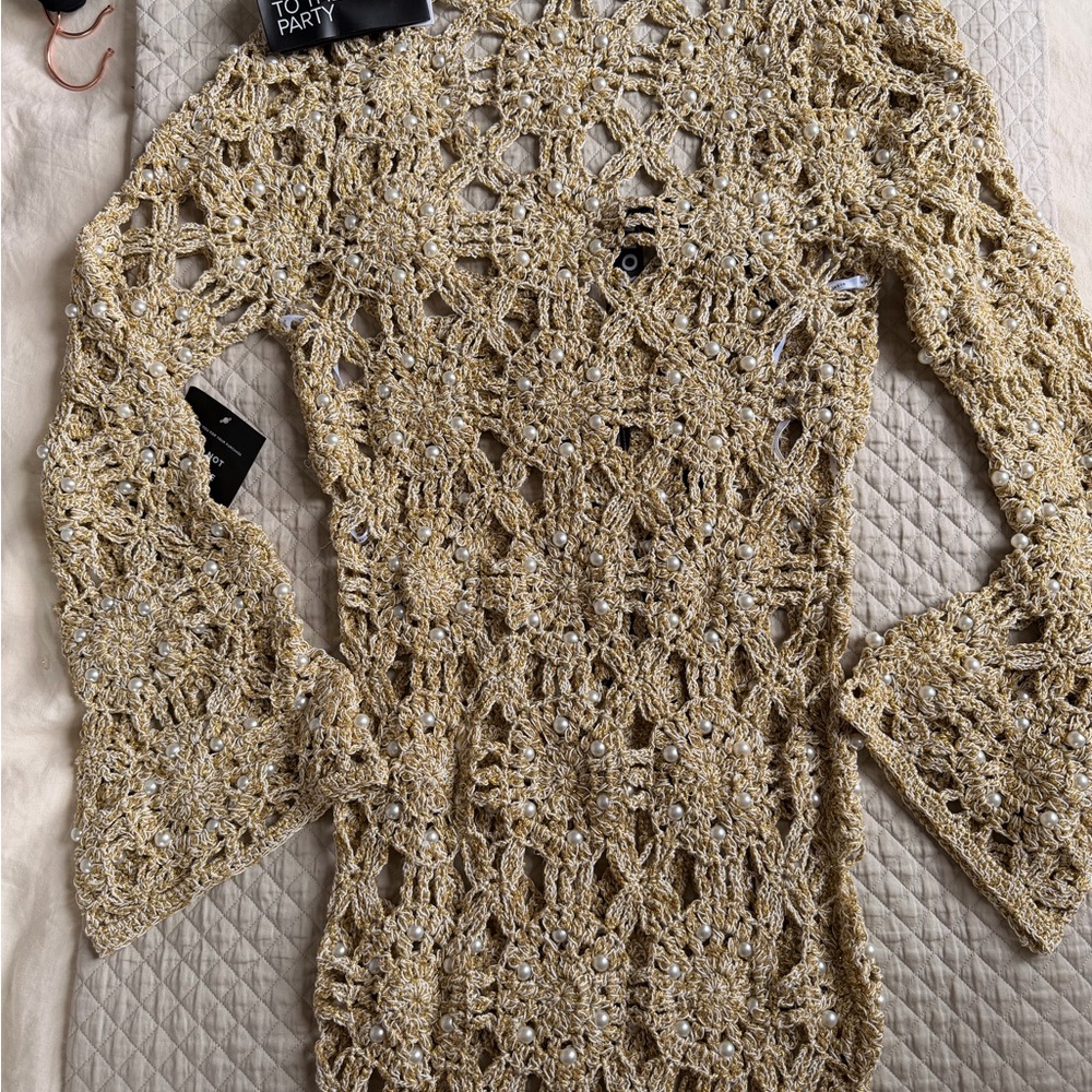 Retrofête Gold Crochet Midi Dress with Bead Embellishment